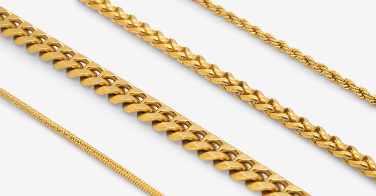 18K guldbelagte halskæder. Cuban-, Snake/Slange-, Wheat- og Rope halskæde
